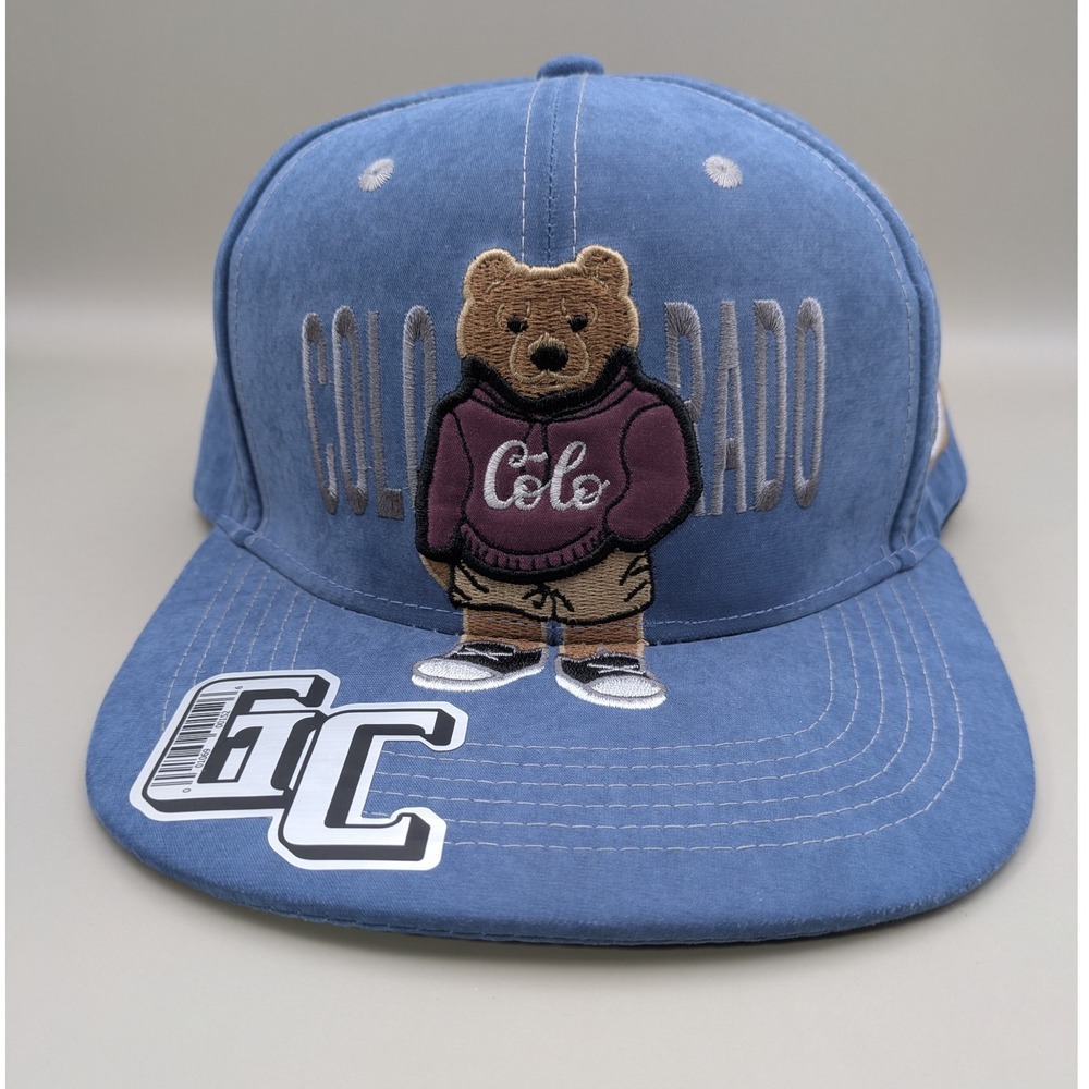 GC‎ Colorado Blue Faux Suede Hat Raised Embroidered Bear New Without Tags